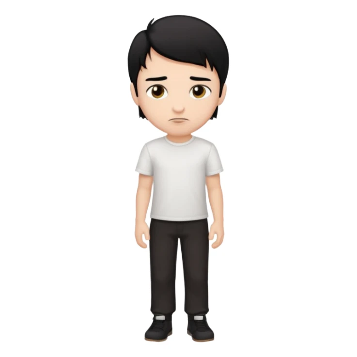 make a white boy with black hair and brown highlights with dark brown eyes with a plain white shirt and black plain pants with a nose piercing  sticker