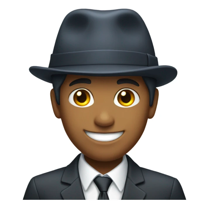 a boy in a suit smiling and wearing a skullcap sticker