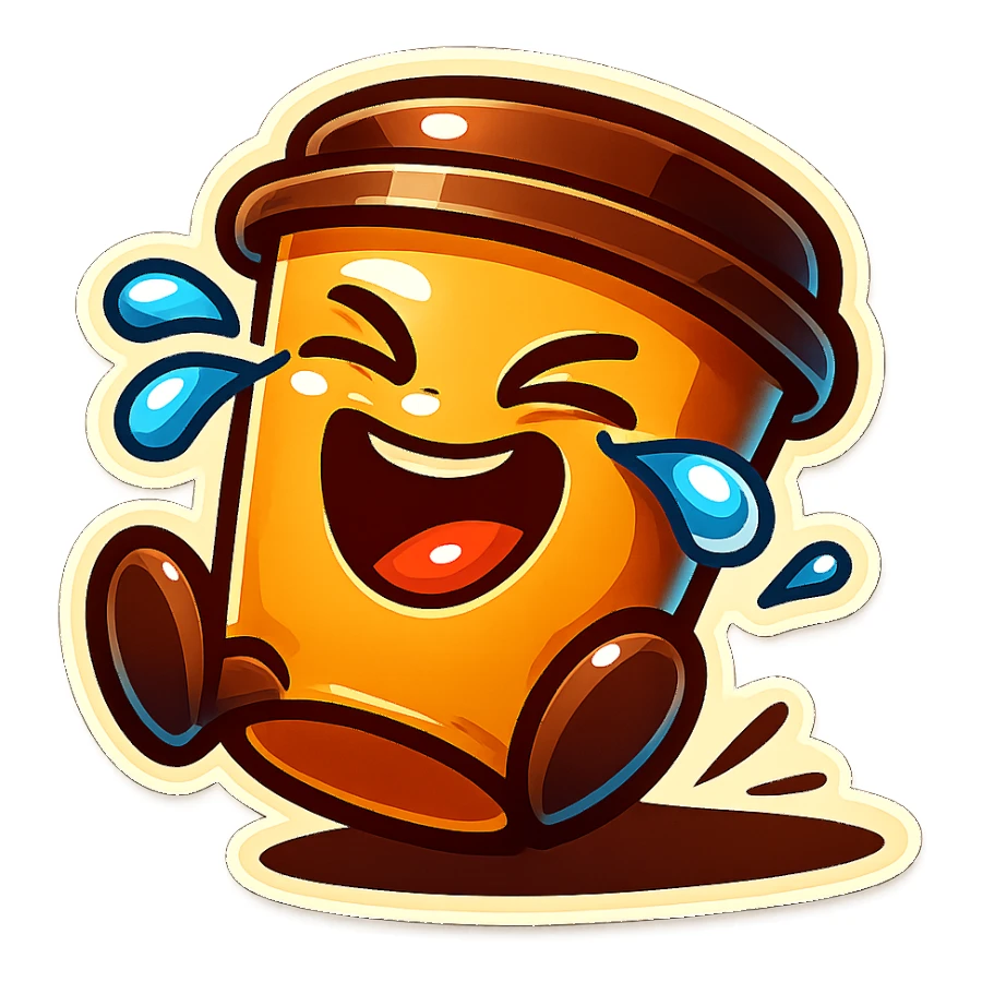 Tall coffee cup, laughing hard, tears in eyes, rolling on ground, dramatic laugh sticker