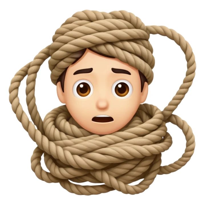 A cartoon person comically tangled and wrapped in rope with a silly surprised expression, looking confused sticker