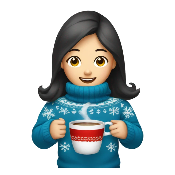 Asian girl drinking coffee wearing blue Christmas sweater sticker
