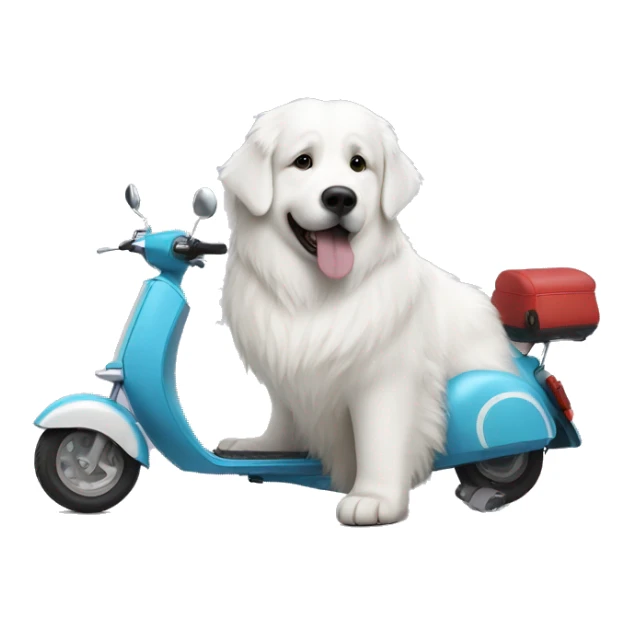 Great Pyrenees next to a scooter  sticker