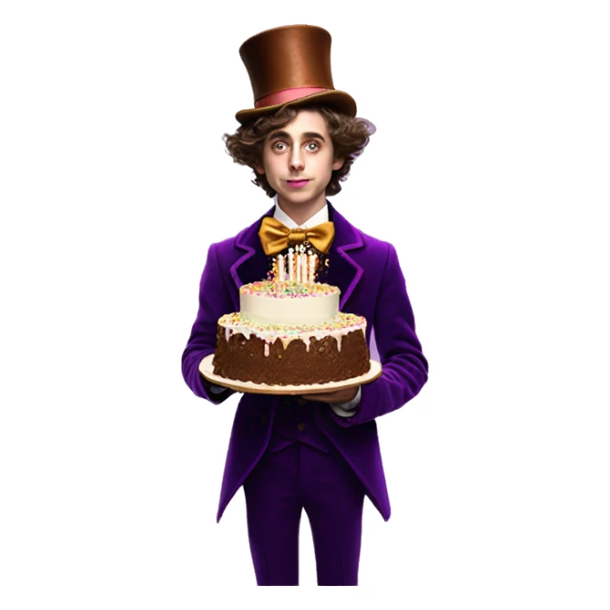 timothee chalamet as willy wonka carrying an extravagant birthday cake with a lot of layers and candels sticker
