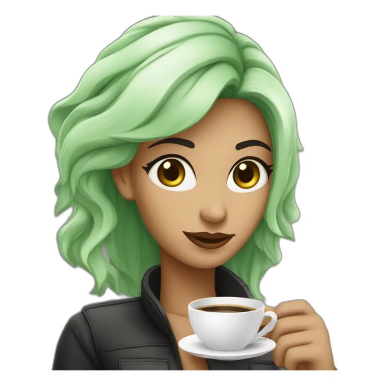 Mulher branca de olhos verdes e cabelo preto tomando café sticker