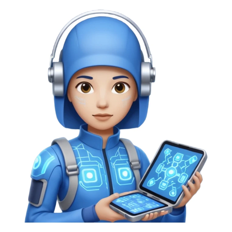 cybernetic person with digital toolkit, digital vibes, blue outfit, average skin color sticker