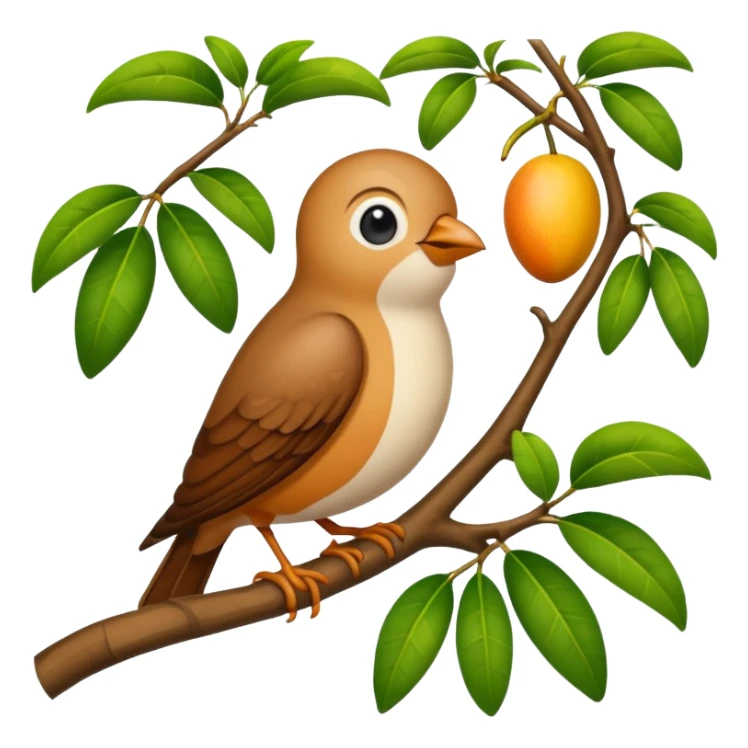 small bird nesting on a mango tree branch, peaceful environment, rural Bengal scene, emoji style sticker