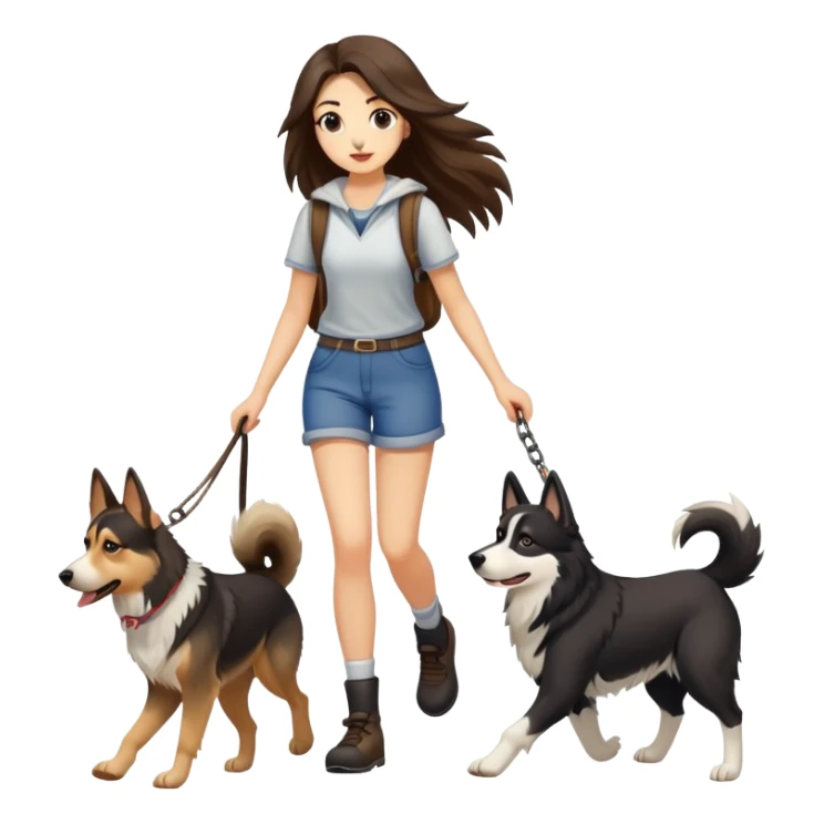 A long-haired girl walks three dogs, a German Shepherd, a Husky, and a Border Collie sticker
