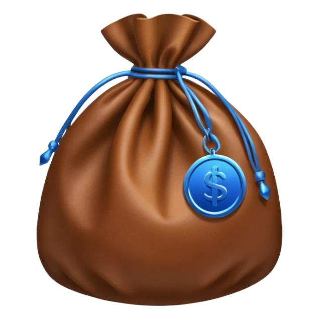brown money bag with a blue coin  sticker