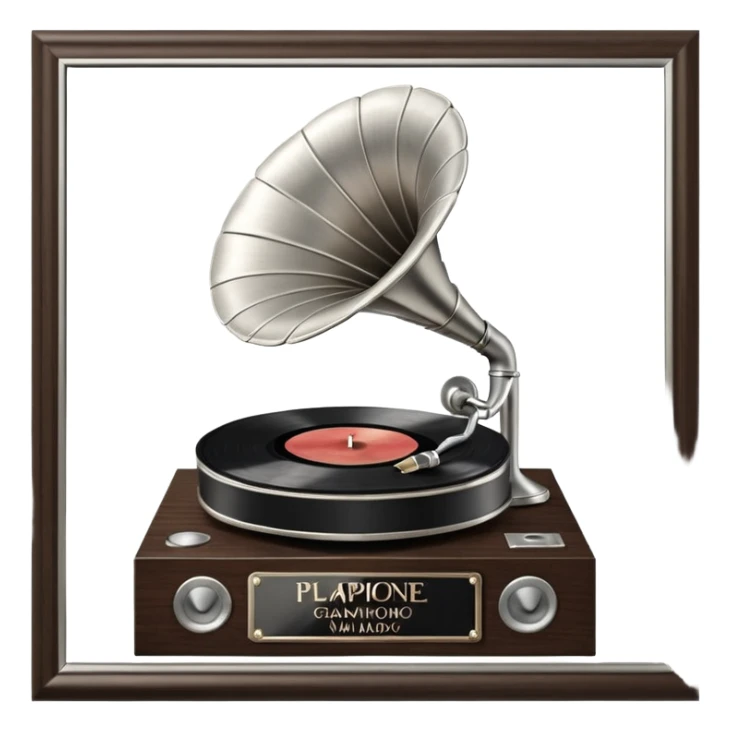 A platinum music award plaque: a square, polished platinum plate with a subtly textured, mirror-like finish, mounted on a simple dark wood base. The center features a relief of a vintage gramophone or stylized vinyl record in a slightly darker metallic tone.  sticker