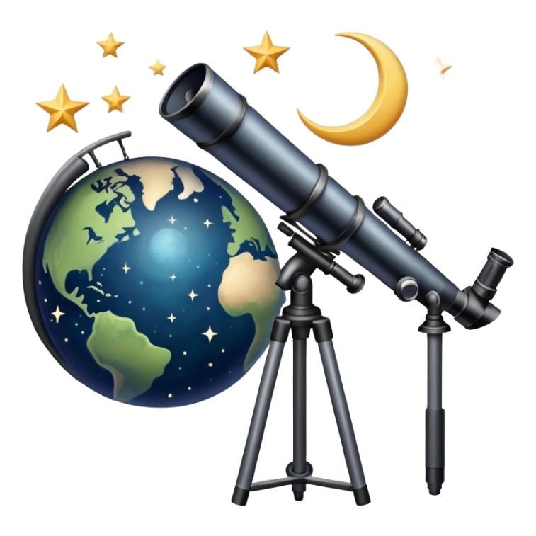 An icon featuring a telescope, stars, and a planet, symbolizing astronomy. The design includes a crescent moon, distant galaxies, and constellations, representing the study of space and celestial bodies. Transparent background highlights the exploration of the universe and cosmic phenomena. sticker