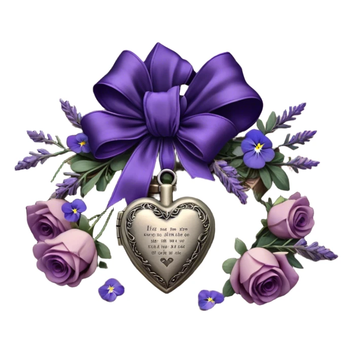 A midnight purple silk bow wraps around a bundle of wilted lavender sprigs, velvety pansies, and blush-violet roses, resting on an aged wooden table. Nearby, an antique silver locket shaped like a heart, engraved with tiny celestial stars, glistens faintly under the dim candlelight. sticker