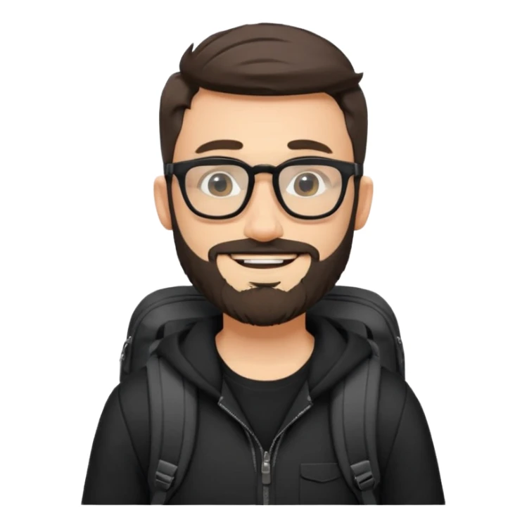 A stylish adventorous man in a complete black outfit with glasses and backpack and beard sticker