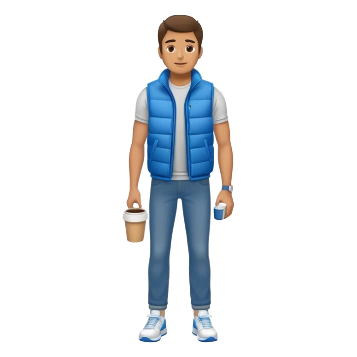 full body man with plain puffy vest with no pockets wearing straight blue jeans and tennis shoes holding coffee mug sticker