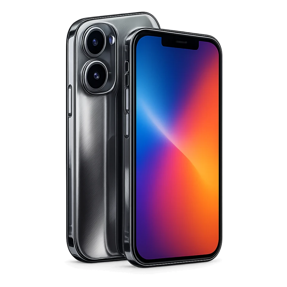 modern smartphone in 3D chrome metallic style, highly reflective and shiny, colorful screen, realistic details sticker