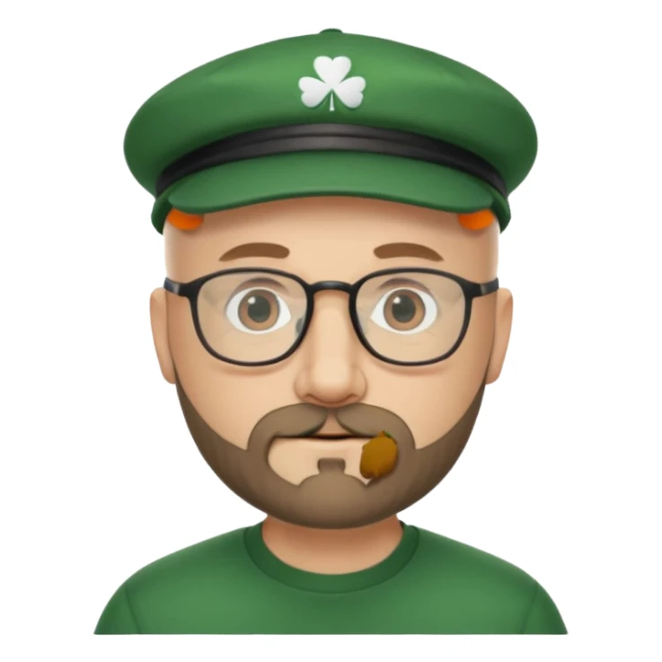 47 year old white male, bald, short beard with glasses and irish cap sticker