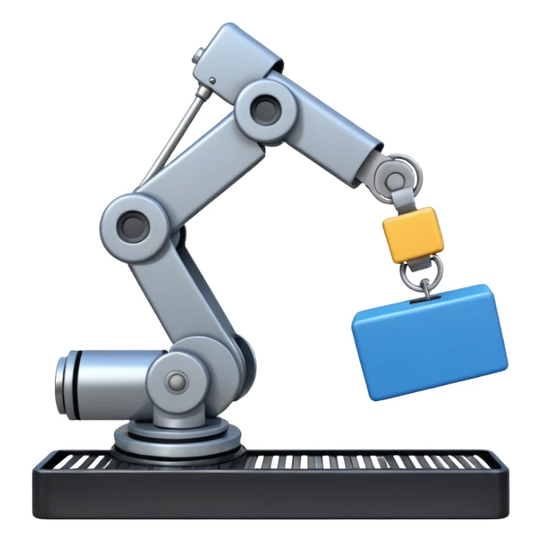 robot arm which is picking blue block on conveyor belt sticker