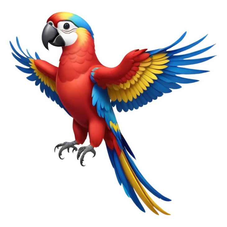 cinematic-macaw-realistic-full-body-standing-emoji,-vibrant-feathers-glowing-with-rich-reds,-blues,-and-yellows,-head-tilted-dramatically,-curved white-beak-gleaming,-piercing-dark-eyes-exuding-confidence,-simplified-yet-realistic-focused sticker