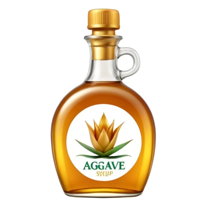 elegant transparent agave syrup bottle, golden-amber syrup, shiny, viscous, curved bottle, green or gold plastic cap, minimal label, no text, 3D-rendered, clean, soft shadows, transparent background, emoji scale sticker