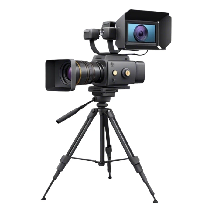 Create an emoji for video recording. Show a  single lens professional video camera with screen and image on it, on heavy tripod. Use modern, professional colors. Do not include any emojis or smiley faces. Make the background transparent. sticker