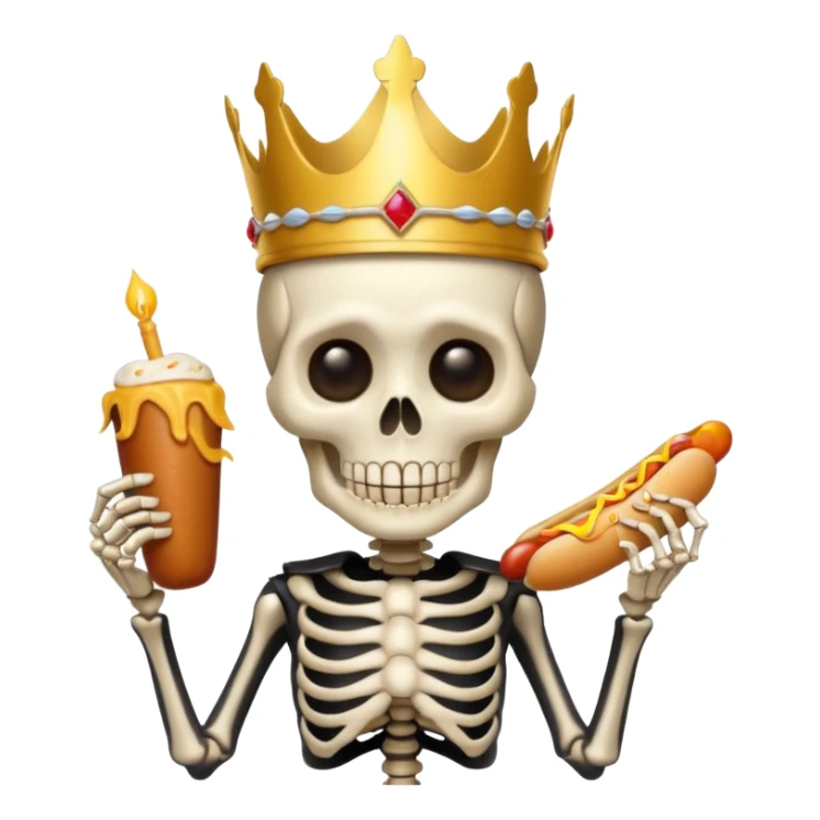 A cute skeleton wearing crown and holding hot dog sticker