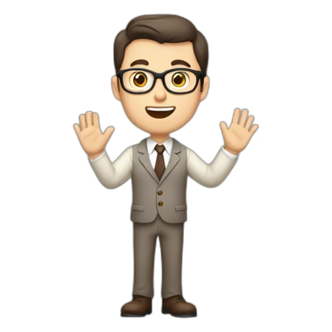 To belt Actively gesturing with hands Okay Pale skinned fit man with dark brown hair in gray jacket, beige office shirt, brown tie, brown pants and vintage glasses. sticker