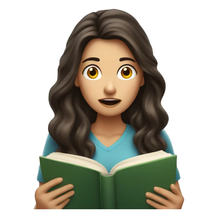 brunette long wavy hair woman shocked face while holding and reading book sticker