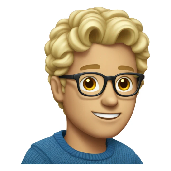 blond guy with glasses, a "curtain" hairstyle, wearing a blue zip-up sweater sticker