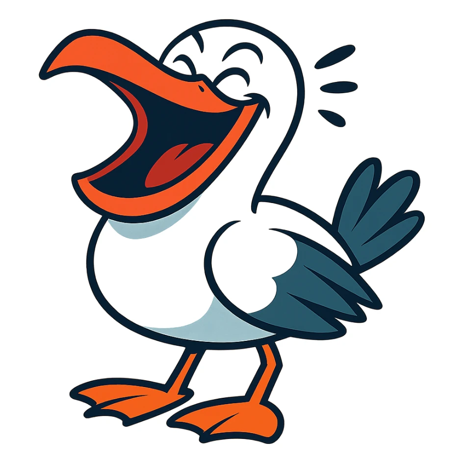 a seagull laughing hard, expressive, comical, vibrant toon style, cartoonish sticker