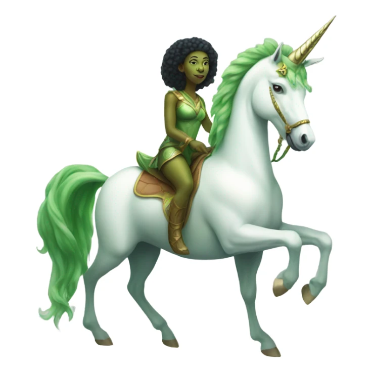 a green amazon alien woman on a four-legged white unicorn sticker