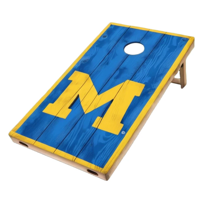Cornhole board blue and yellow with Michigan “M” sticker