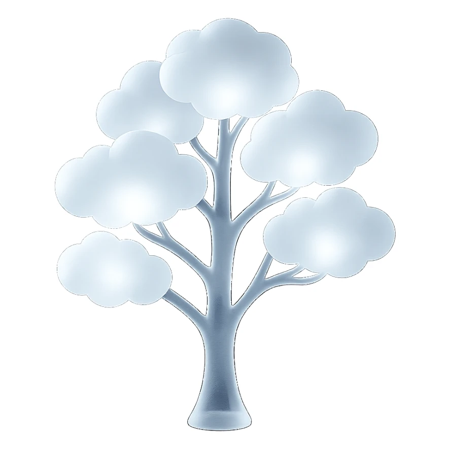 one tree with many branches and a white trunk, crown made of small very bright white fluffy convex clouds, matte glass style sticker