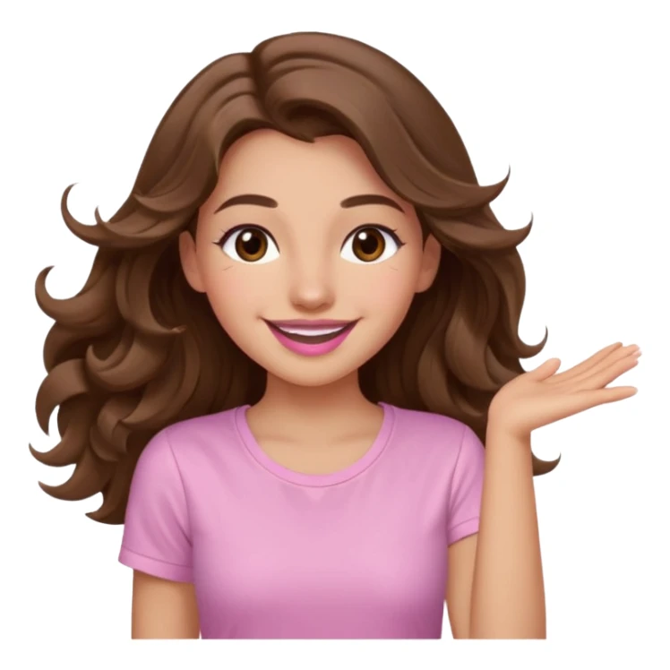 girl with wavy long brown hair, brown eyes, light to medium complexion, long lashes, light pink lipstick, smiling, wearing light pink shirt, dancing sticker