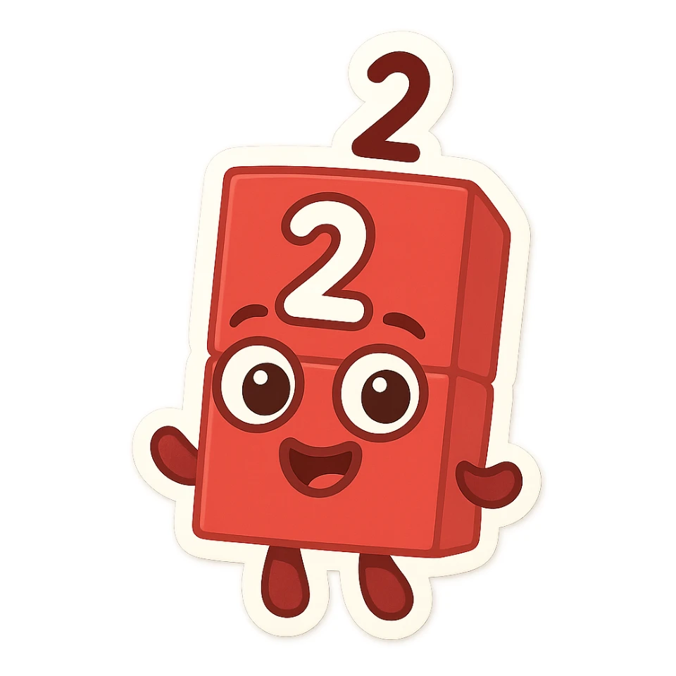 Numberblock 2, two red blocks stacked vertically, big eyes, number 2 visible, cheerful expression, for children, cartoon style sticker