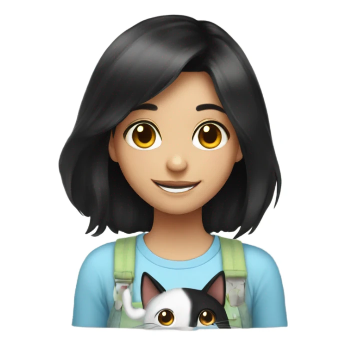 smiling girl with black hair with cat  sticker