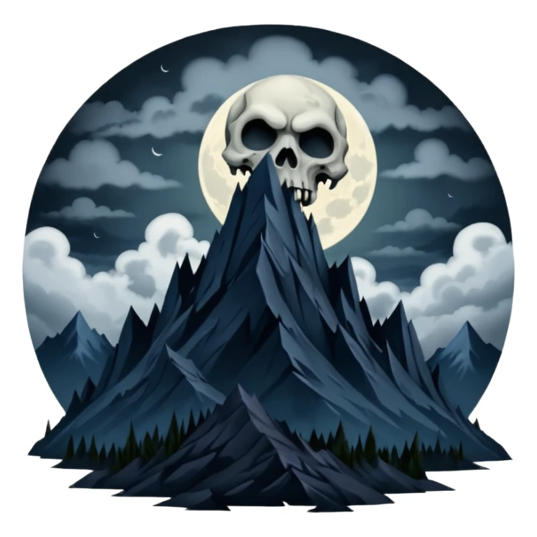 A dark and evil mountain range with a creepy moon and clouds over head. In the style of your bleeding skull art sticker