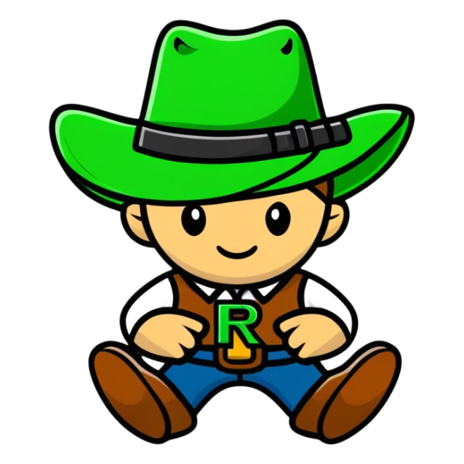 Cowboy character with green cowboy hat and letter R sticker