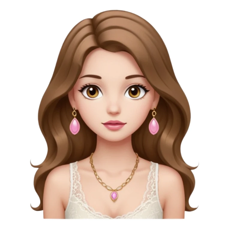 fair-skinned girl with dark brown, slim shaped eyes and long lashes. long, light brown hair styled in a voluminous, wavy blowout. wearing a delicate white lace tank top and a dainty gold necklace, plump pink lips. sticker