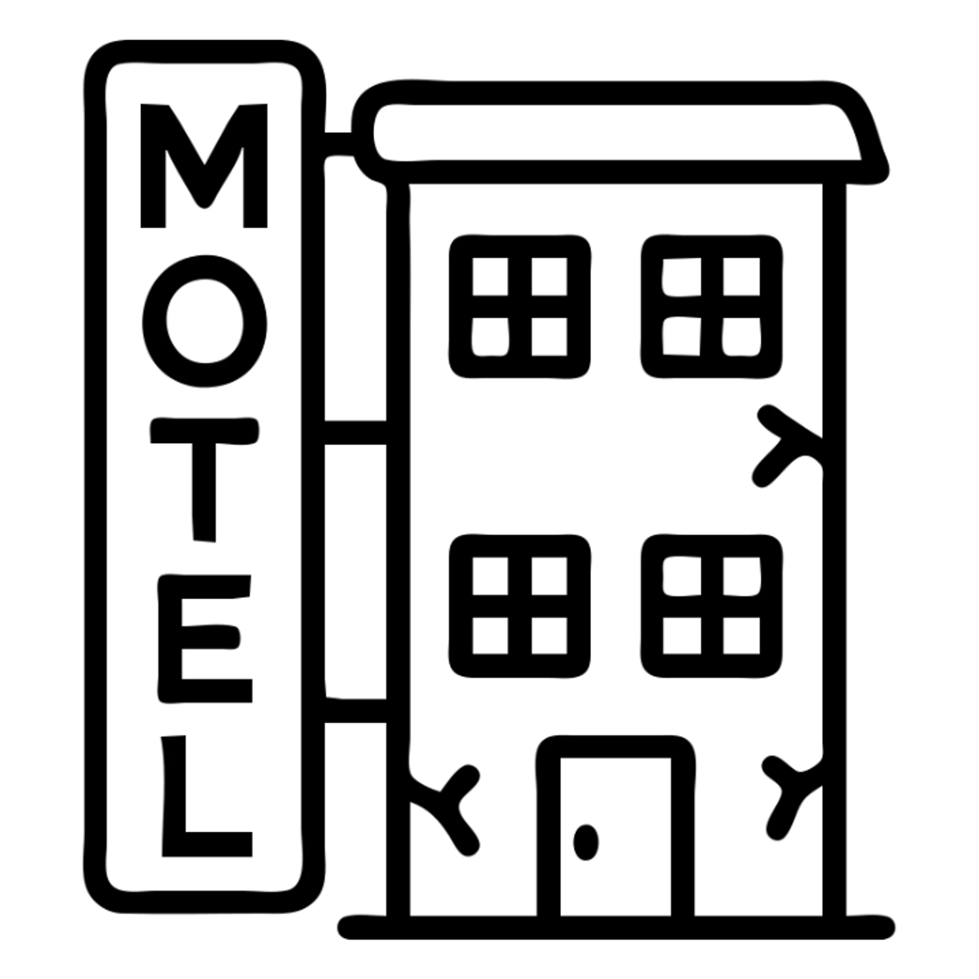 Airbnb category icon style, run down motel theme, stylized old motel building with minimal lines, suggestive of neglect, no text sticker