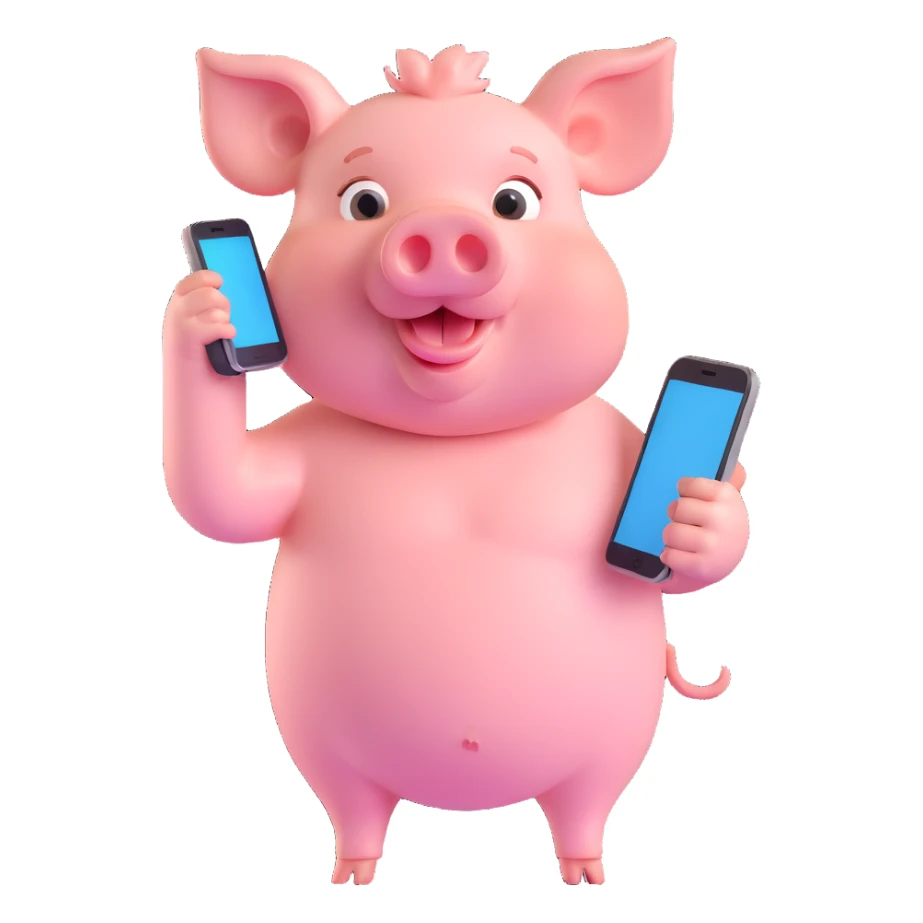 John Pork, pig with a human body, holding a phone, playful expression, 3D emoji style sticker