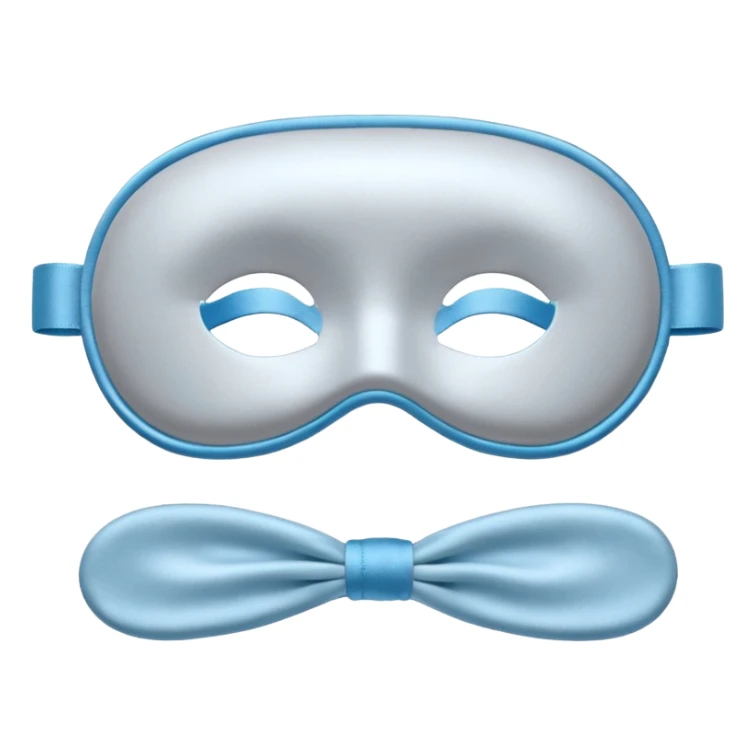 emoji of an isolated silky sleep mask, soft satin texture, stitched closed eyes embroidery, no real eyes, no face, no character features, light grey with pastel blue tint, cozy pajama feel, smooth rounded shape, soft shadows sticker