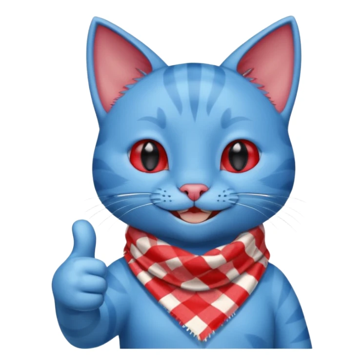 A Cute Blue Cat smiling and giving thumbs up, wearing red Checkered Triangle scarf sticker