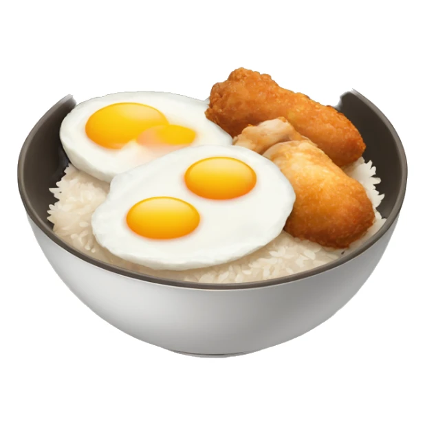 a bowl of rice with double sunny side up eggs and 2 chicken drumstick sticker