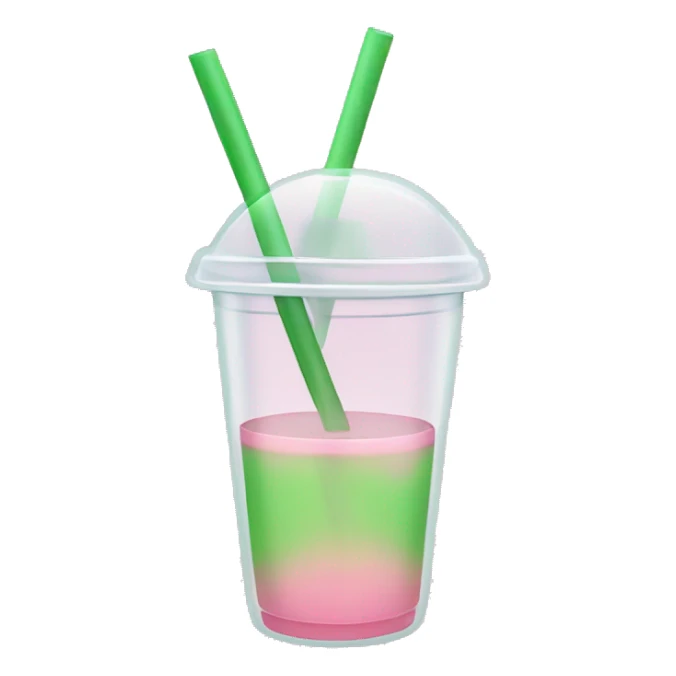 clear cup with light pink and green liquid. Transparent straw sticks out of cup sticker