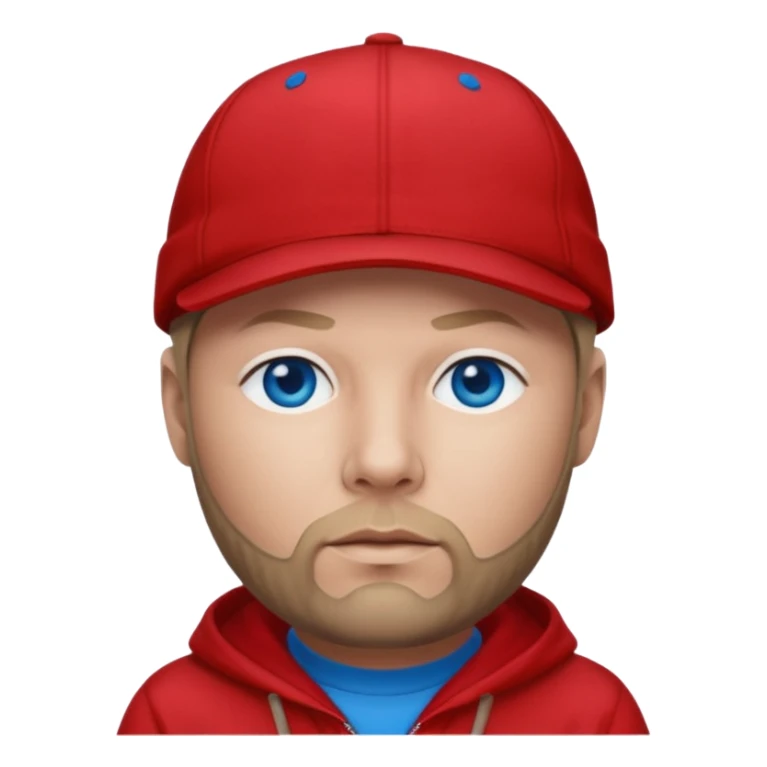 Fred Durst with dark blonde hair, blue eyes, red outfit and cap sticker
