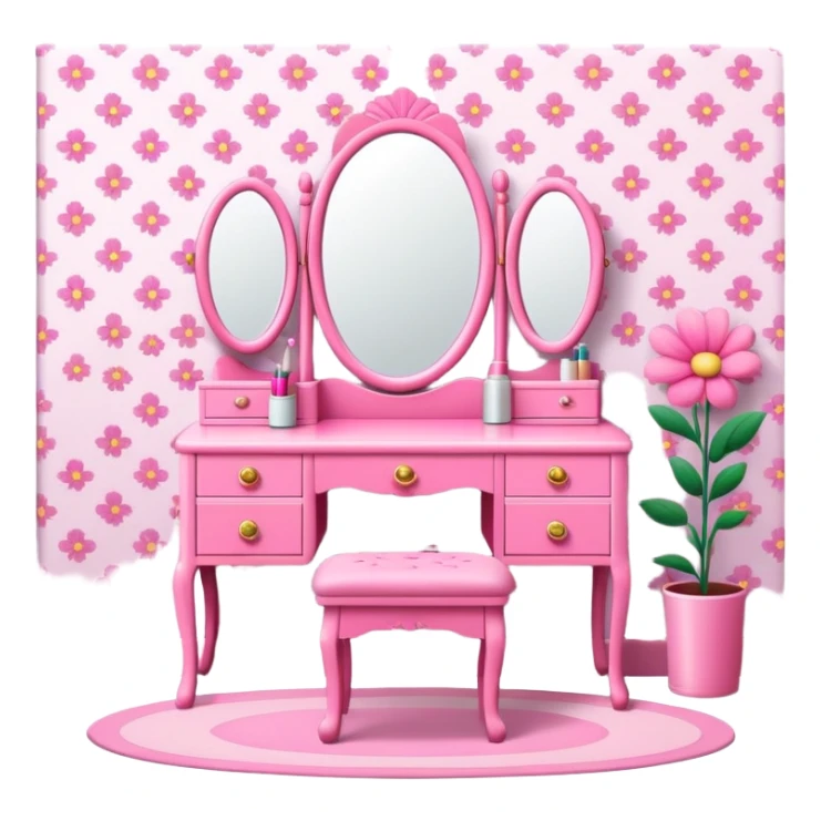 Pink bedroom with a flower wallpaper and a 90s vanity  sticker