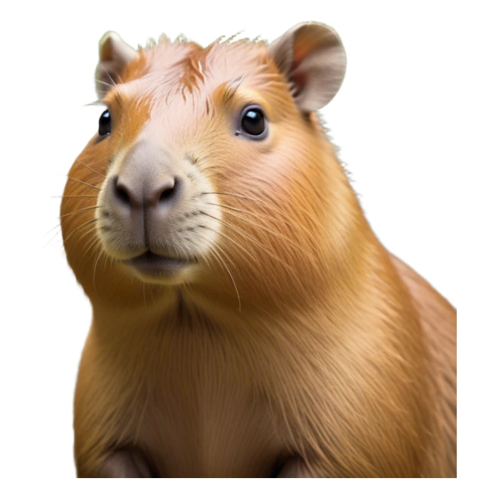 Cinematic Noble Capybara Portrait Emoji, Poised and serene, with a robust, rounded build and a characteristically broad, slightly flattened capybara face featuring a short snout and small, rounded ears, covered in soft, earthy fur with subtle natural texture and gentle, wise eyes; rendered in lifelike detail with natural light, high shine, intelligent and calm, styled with an air of understated authority, focused and attentive, soft glowing outline, capturing the essence of a watchful and confident capybara that appears ready to step out of the screen with effortless dignity! sticker
