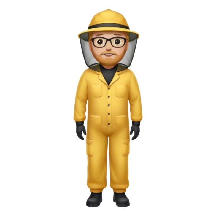 full body medium plus size male bee keeper in yellow and black with short light strawberry blonde hair and goatee wearing glasses with bee keeper hat sticker