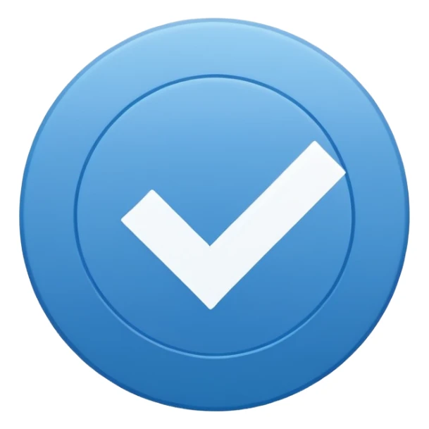 Simple icon, blue circle with a white checkmark in the center, clean white background, flat design, minimal style, clear and sharp, no text, no shadow. sticker
