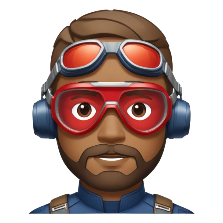 sam wilson with  short, neatly cropped and a well-groomed beard that connects to his mustache,  wear sleek, red-tinted tactical goggles fit snugly from captain america: civil war sticker