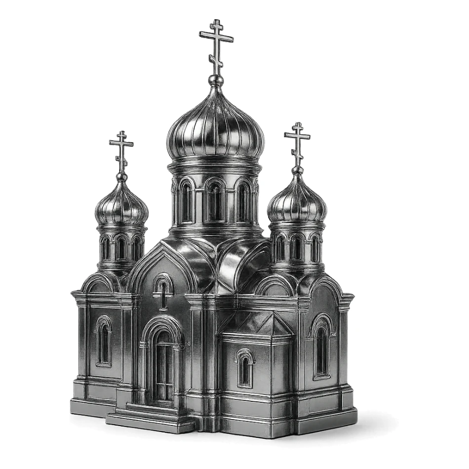 chrome style Orthodox church with domes and crosses, highly reflective and metallic sticker